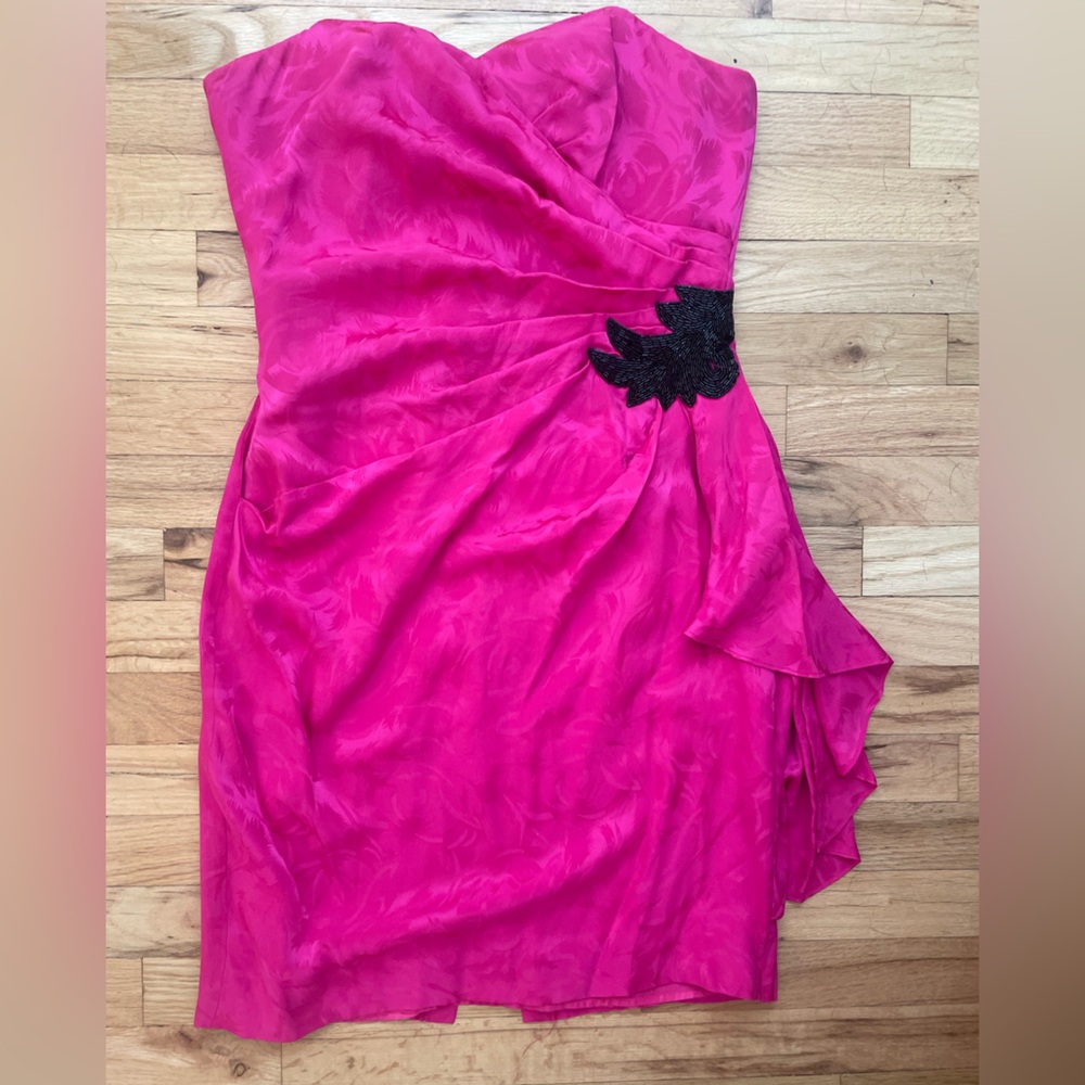 Strapless Silk Hot Pink Cocktail Dress with Black Waist Detail